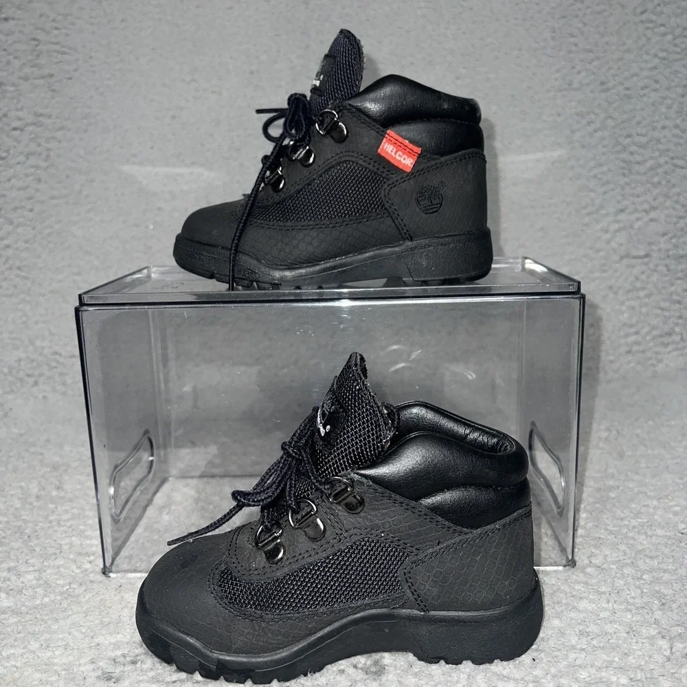Timberland Field Boots Toddler Sz 9 Black Helcor Leather Scuffproof Hiking Shoes